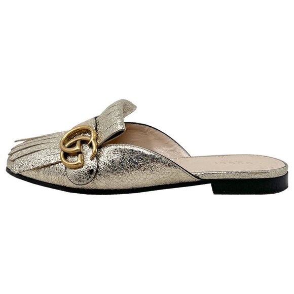 Gucci Marmont Logo Gold Foiled Leather Kiltie Fringe Flat Loafer Mules - Picture 1 of 8